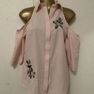 Heartsoul Coral  White Cold Shoulder Collared Top Size Small 100% Cotton